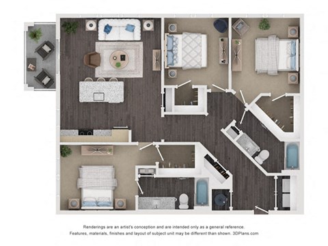 Floor plan for 3 beds, 2 baths, 1361 sqft